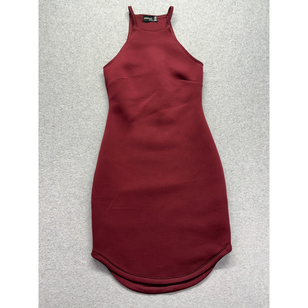 Popular Basics Burgundy Halter Neck Bodycon Mini Dress Curved Hem Small DA5906‎